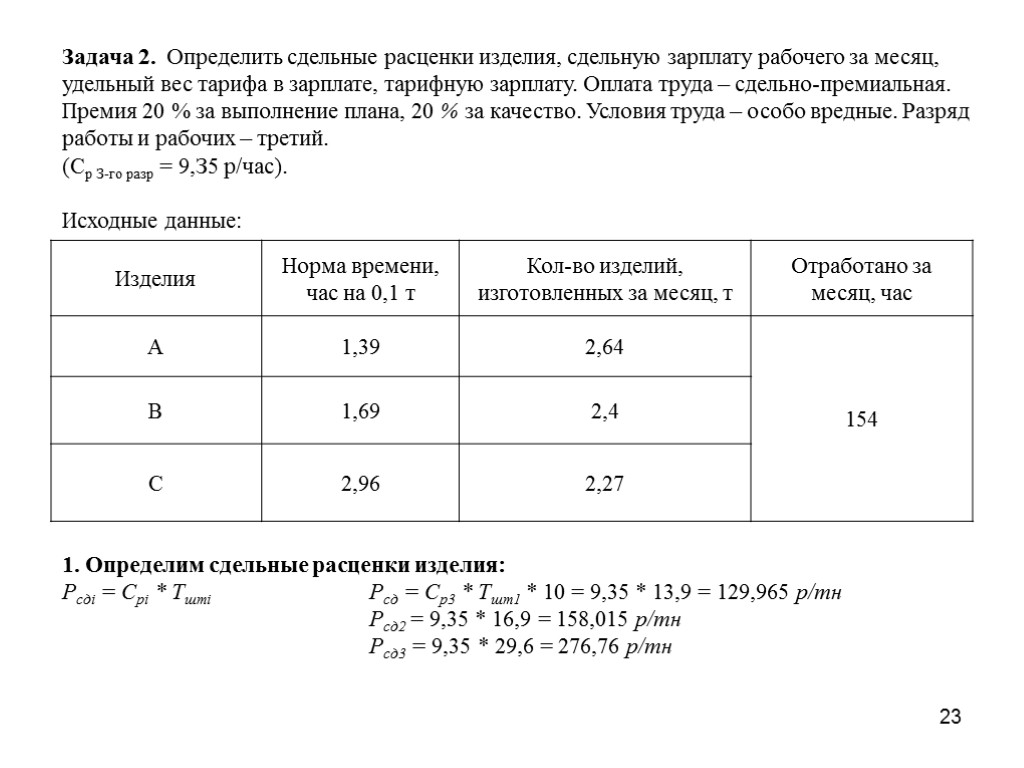 23 Задача 2. Определить сдельные расценки изделия, сдельную зарплату рабочего за месяц, удельный вес